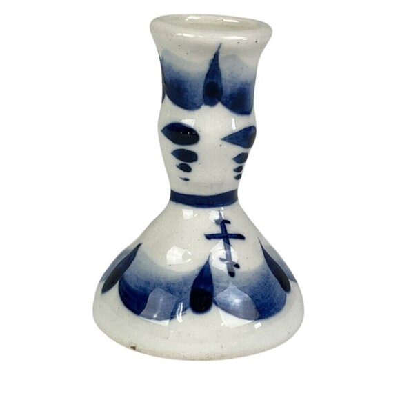 Hand-Painted Blue & White Ceramic Miniature Candleholder Signed K - Picture 2 of 9